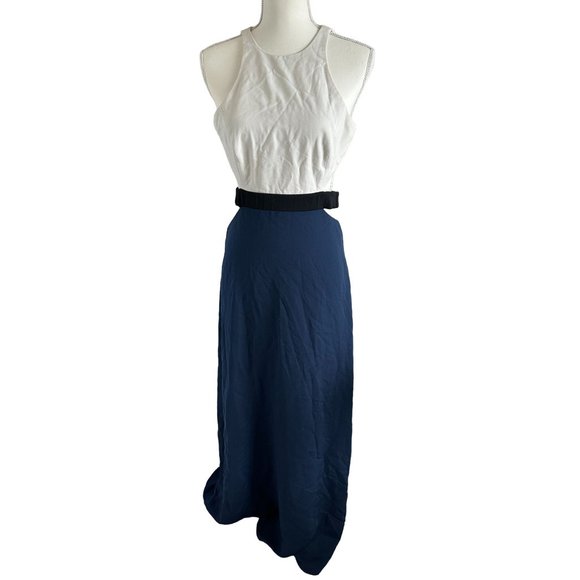 HALSTON HERITAGE Cream Navy Cutout Side Gown Size 4 - Picture 1 of 8